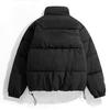 Men Cotton Coat Drawstring Hem Zipper Stand Collar Solid Color Padded Cold-proof
