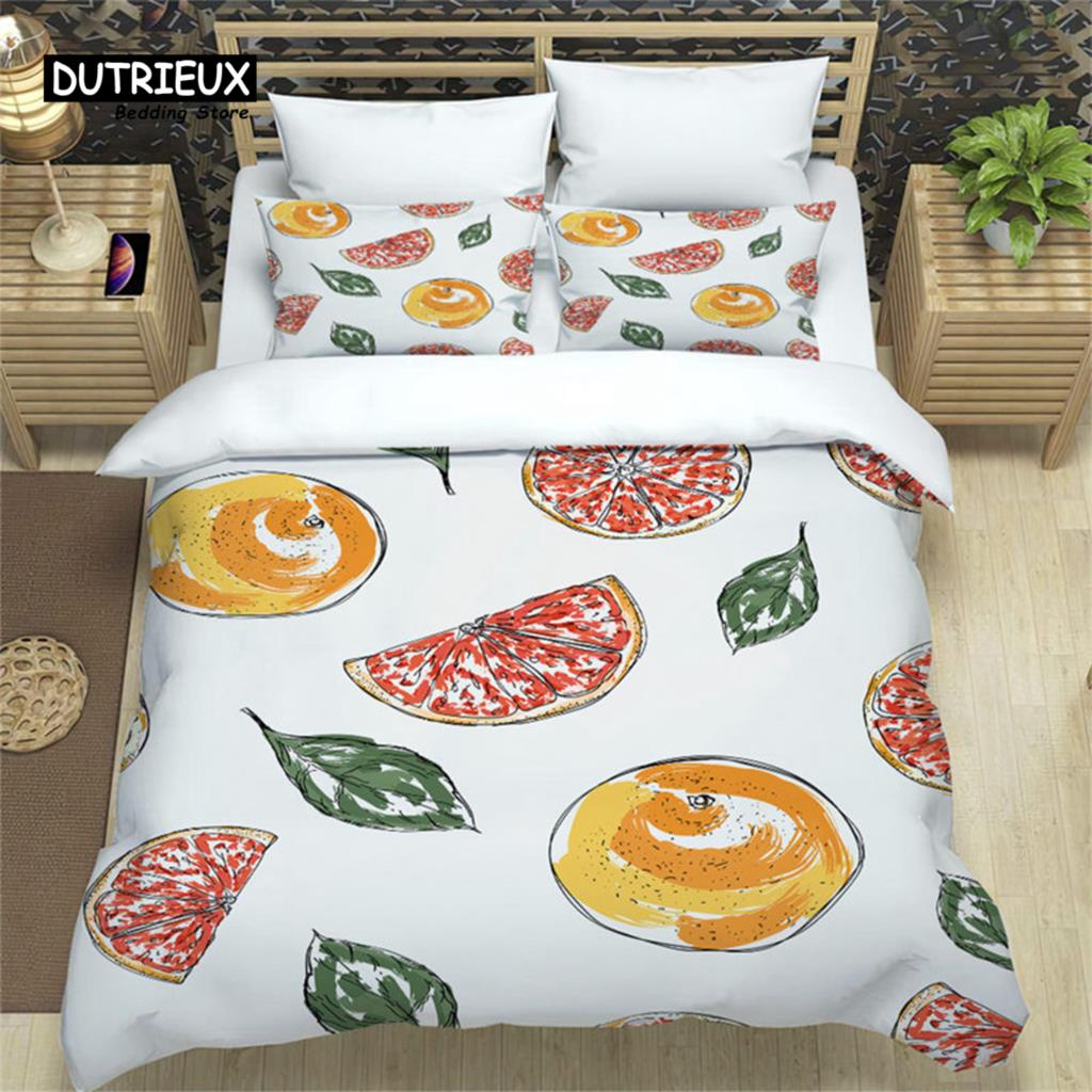 Summer Tropical Fruit Bedding Set Cartoon Fruits Orange Lemon Print Duvet Cover Microfiber Double Comforter Cover Bedroom Decor