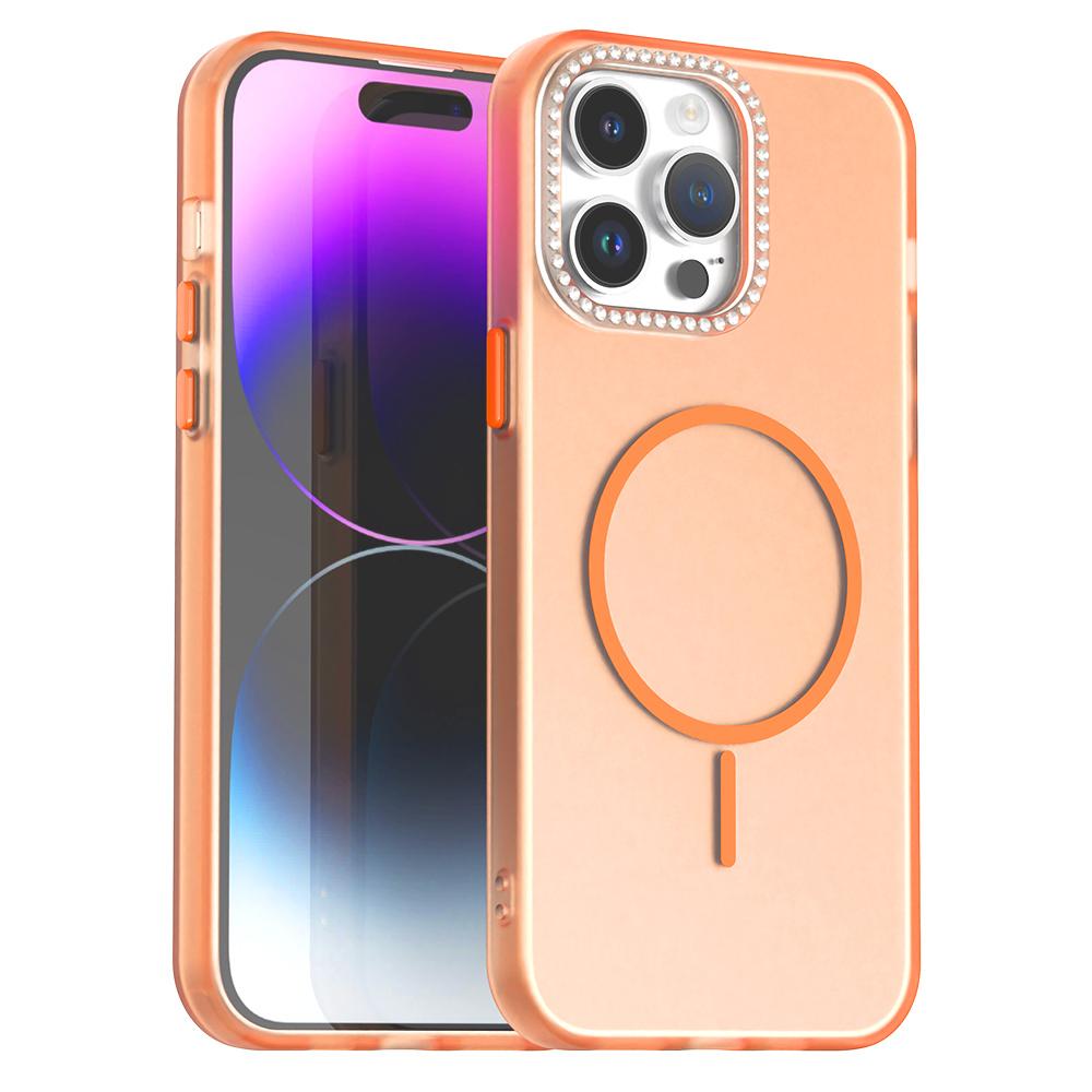For iPhone 14 Pro Case Compatible with MagSafe TPU+PC+PET Phone Cover Rhinestone Decor Lens Frame