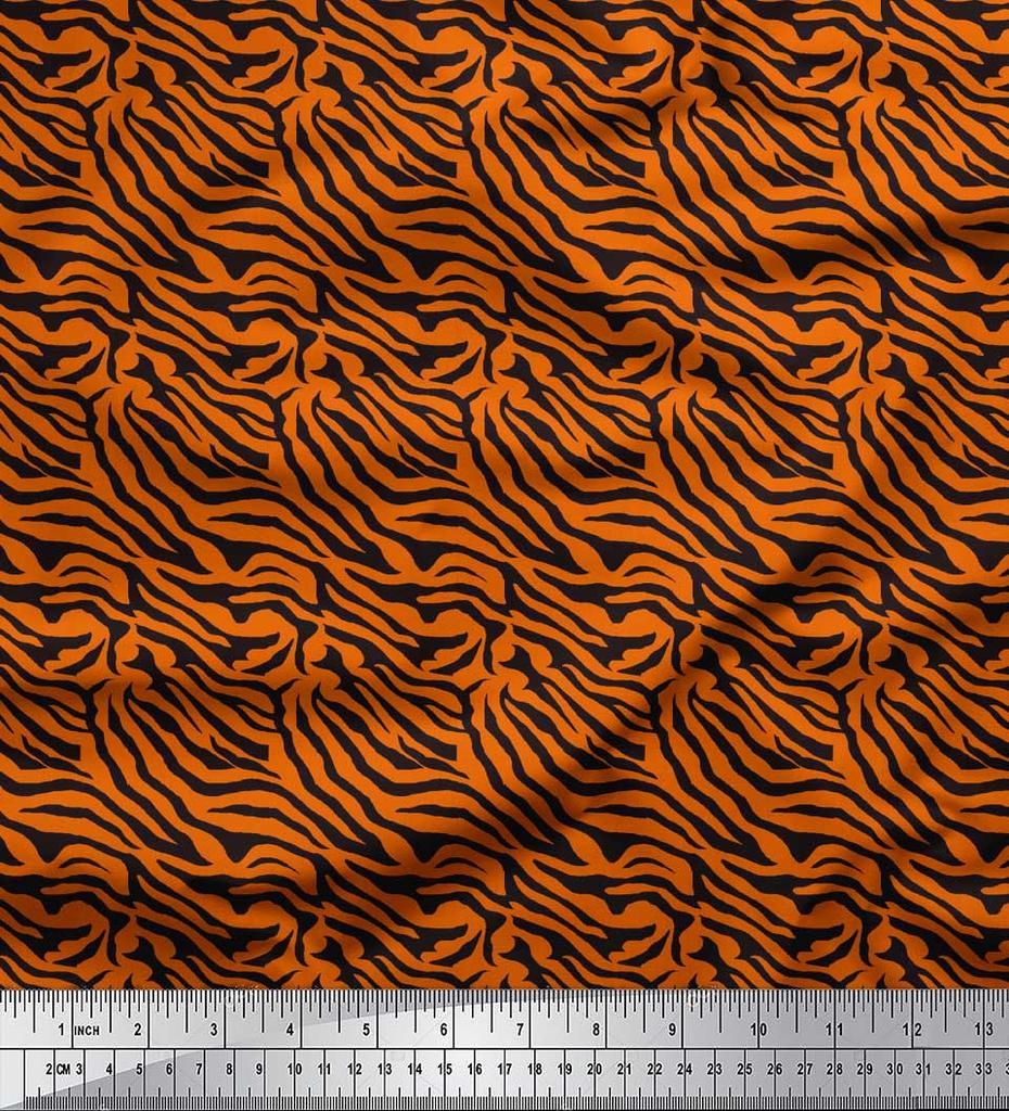 Soimoi Orange Poly Crepe Fabric Tiger Animal Skin Print Fabric by metre 42 Inch