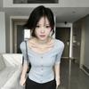 Korean Basic Commuter Medium-sleeved T-shirt Women's Summer New Blue V-neck Button Slim-fitting and Thin Versatile Temperament Top