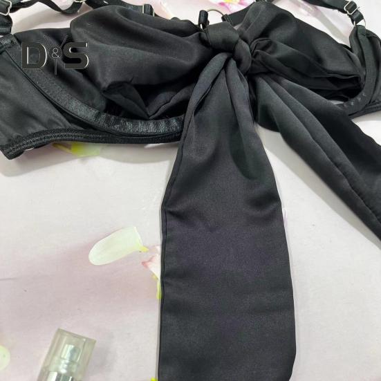 1 Set Women Bra Panties Thigh Ring Set Bow-knot Decor Sleeveless Backless Low-cut Pornographic Romantic Night Nightie Bra Briefs Set Wedding Night