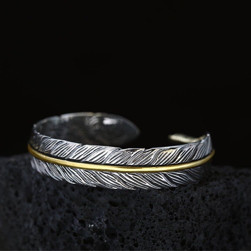 Titanium Steel Men Domineering Bangle Bracelet Feather Indian Stylish Trendy Distressed Retro Europe and America Fashion Design Adjustable