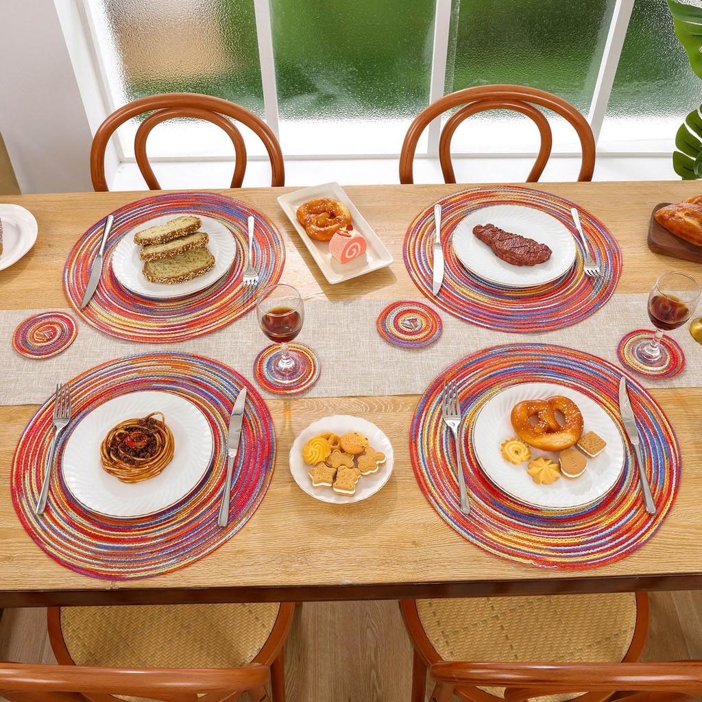 Cotton Place Mat Woven Round Placemats 34/38cm Heat Resistant Table Mats Washable Plate Mats Coasters for Dining Table Decor