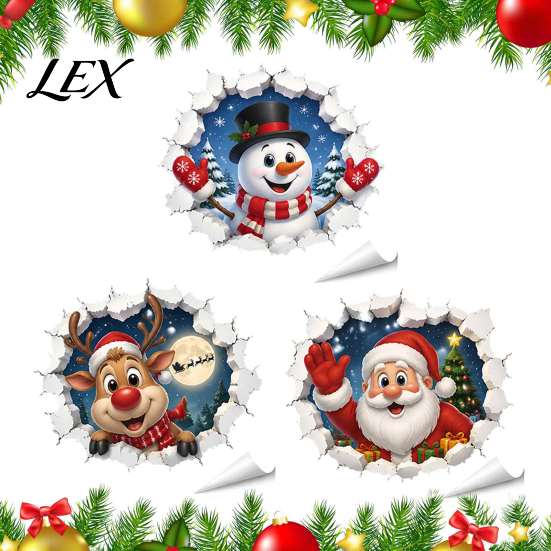 Christmas Party Atmosphere Props 3D Wall Stickers, Self?Adhesive PVC Decals, Reindeer Santa Removable Stickers Gingerbread Snowman Xmas Decor