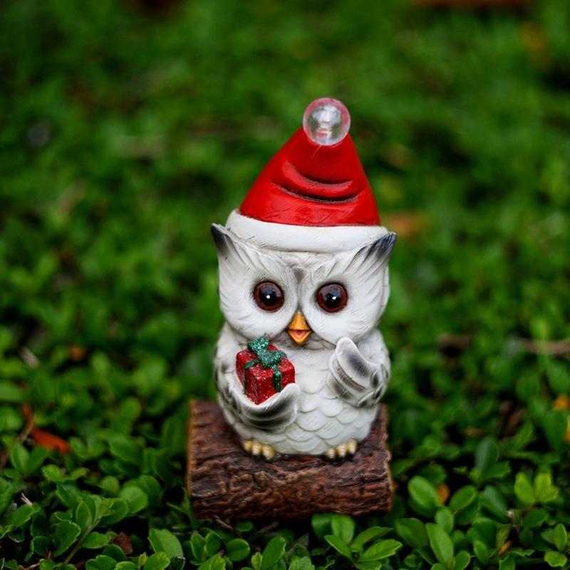 Owl Statue with LED Lighted Santa Hat for Festival Home Accent Resins Miniature Figurine Christmas Decorative Ornament