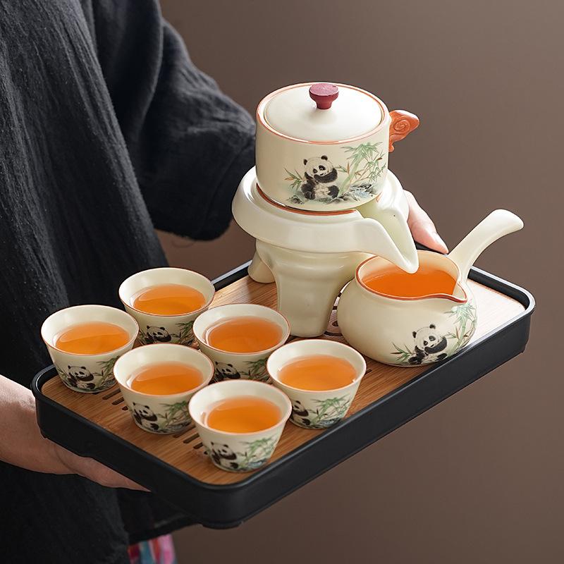 Ru kiln light luxury automatic artifact household panda anti-scalding tea set lazy stone grinding ceramic teapot
