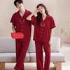 Happy button~ Summer pure cotton wedding couple pajamas red short-sleeved trousers newlywed men's and women's loungewear set