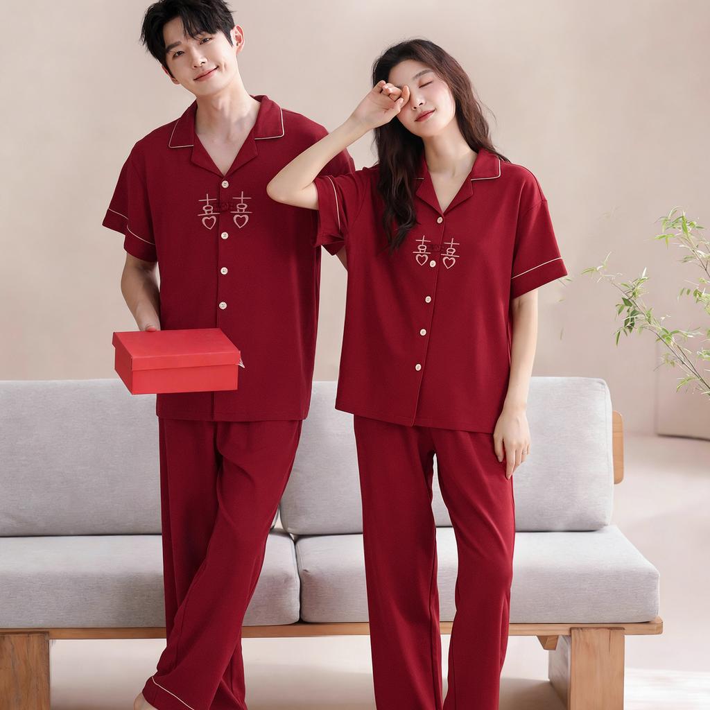 Happy button~ Summer pure cotton wedding couple pajamas red short-sleeved trousers newlywed men's and women's loungewear set