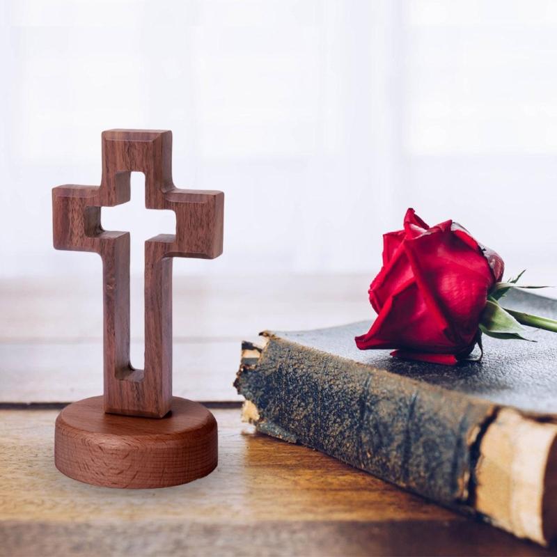 Church Altar Crucifix Statue Walnut Wood Hollow Standing Crosses Ornament with Magnetic Base for Easters Ceremony Decors