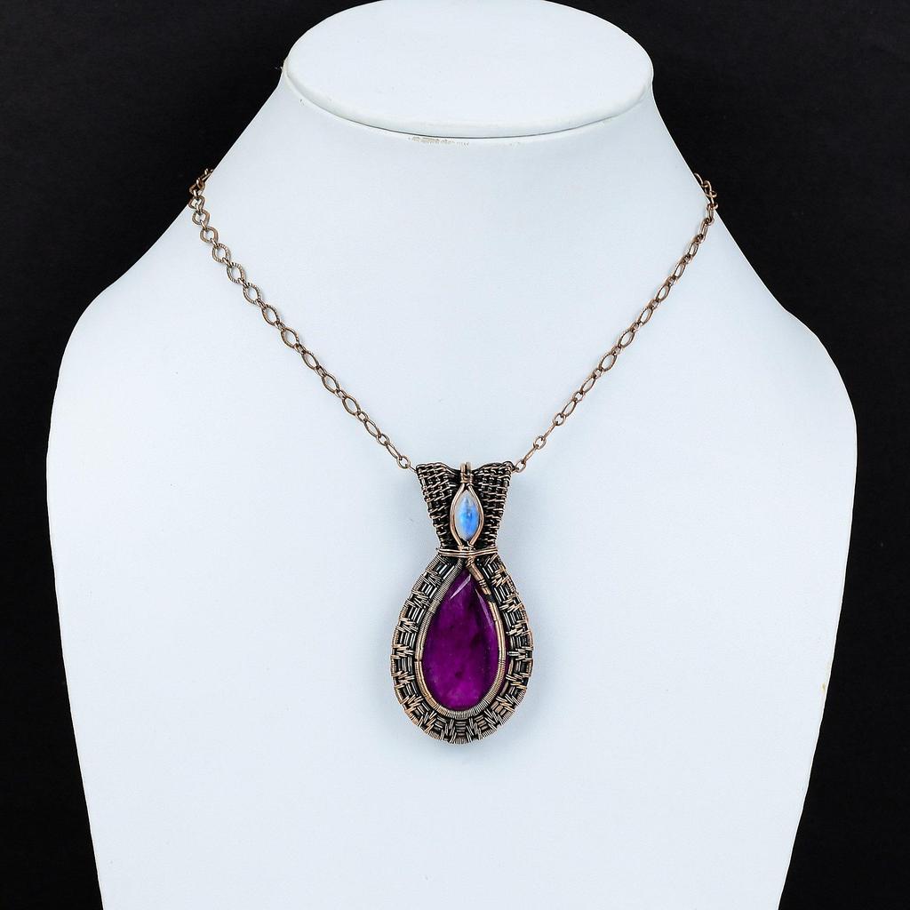 Ruby & Moonstone Pendant Gemstone Jewelry, 999 Copper Wire Wrapped Handmade Pendant, Latest Design Jewelry