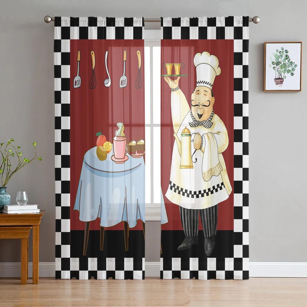 Kitchen Utensils Plaid Tulle Curtains For Living Room Chiffon Voile Sheer Window Curtain For Bedroom