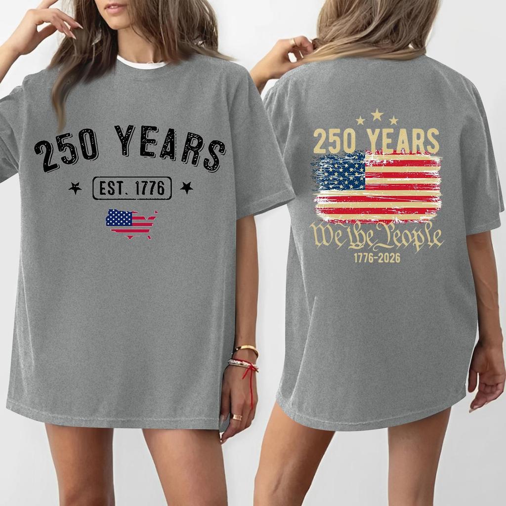 Women's Casual Independence Day 250 Anniversary Printed T-shirt Round Neck Pullover Short Sleeve Top