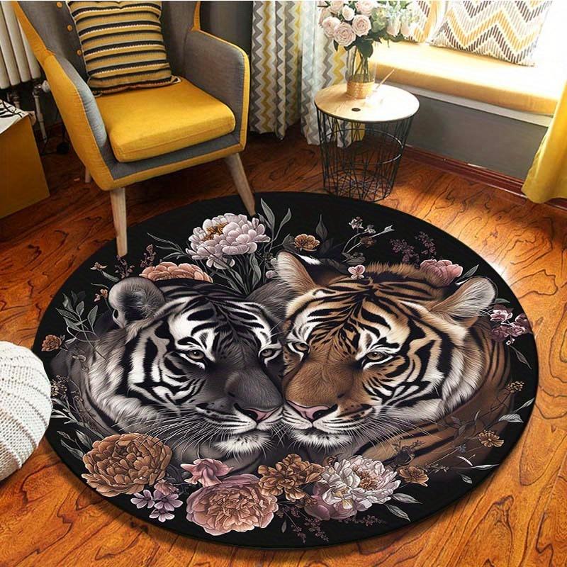 1Pcs Tiger Print Round Area Rug Indoor Non-Slip Washable Fiber Carpet Soft Comfortable Mat For Bedroom Living Room