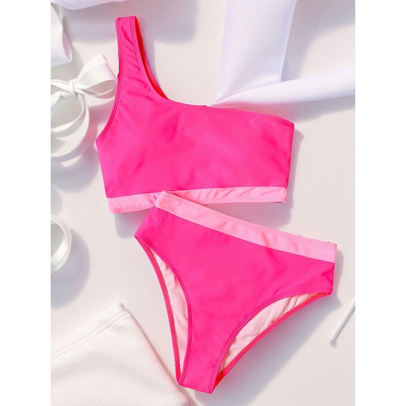 Patchwork Bikini Women Solid Color High Waist 2 Piece Swimsuit Single Shoulder Tankini Backless Beach Bathing Suit