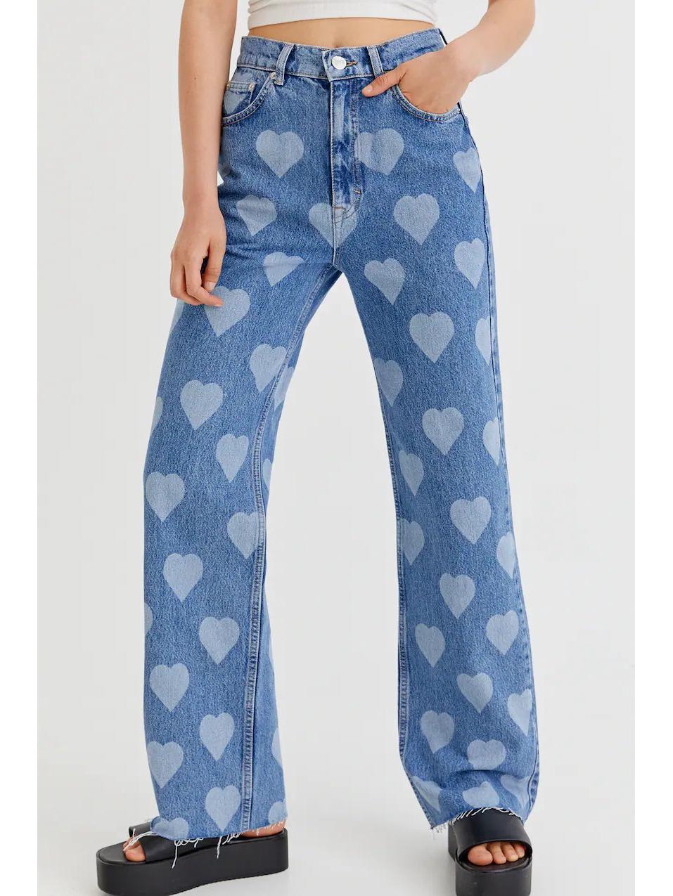 Southeast Asia Retro Heart Print High Waist Women s Straight Leg Jeans S