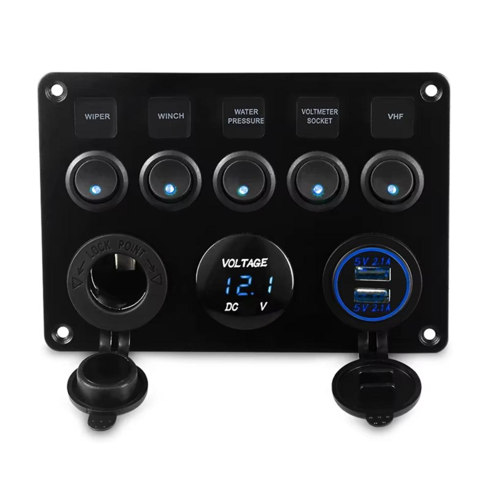 

12V/24V 5 Gang Switch Panel Dual USB Socket ON-OFF Toggle For Car LED Voltmeter Power Outlet Boat Blue Light