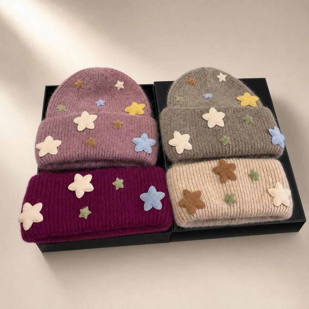 3D Star Knitted Beanie Hat Acrylic Blend Wool Knit Cap Fashion Fuzzy Beanie  For Women
