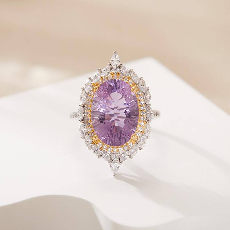 S925 Sterling Silver Plated 18K Gold Natural Color Treasure Large Carat Ring Light Luxury Premium Index Finger Ring Energy Jewelry