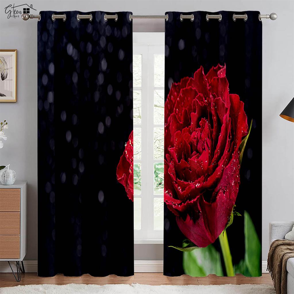 Retro Red Rose 3d Print Drapes Polyester Fiber Curtains Suitable For Bedroom Living Room Study Room Decorative Curtains 2 PCS
