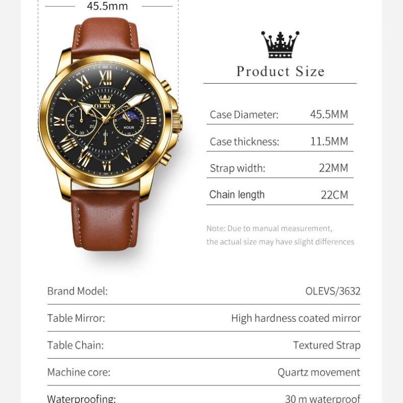 Men's Sports Timing Waterproof Luminous Moon Phase Quartz Watch Three Eye Dial Holiday Gift Business Watch
