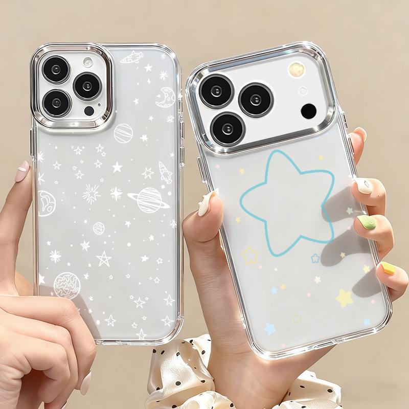 Modern Colorful Stars Pattern Case For iPhone 17 Pro Max Plating Lens Frame Clear Soft Cover For iPhone 16 15 14 13 Pro Max 11 16E 17E