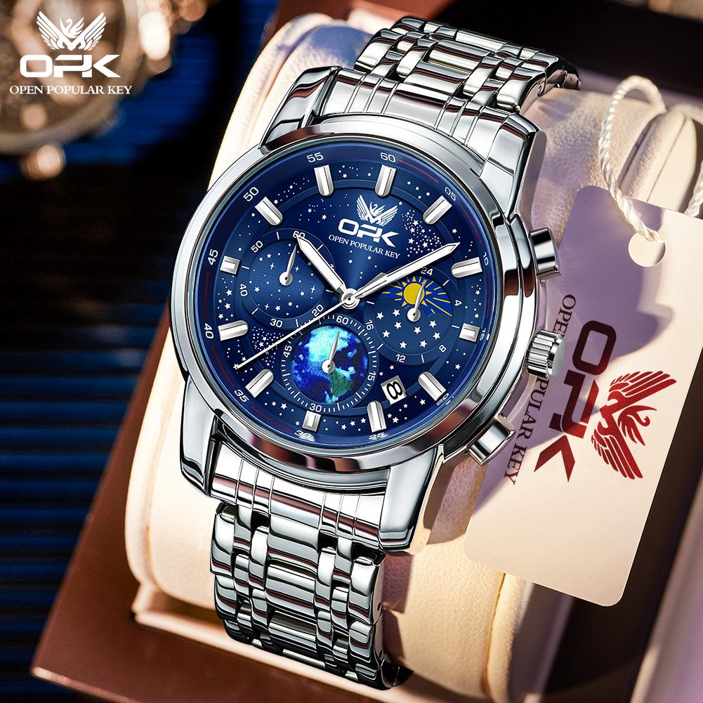 OPK 8142 Chronograph Mens Watch Waterproof Luminous Moon Phase Auto Date Original Luxury Quartz Man Wristwatch