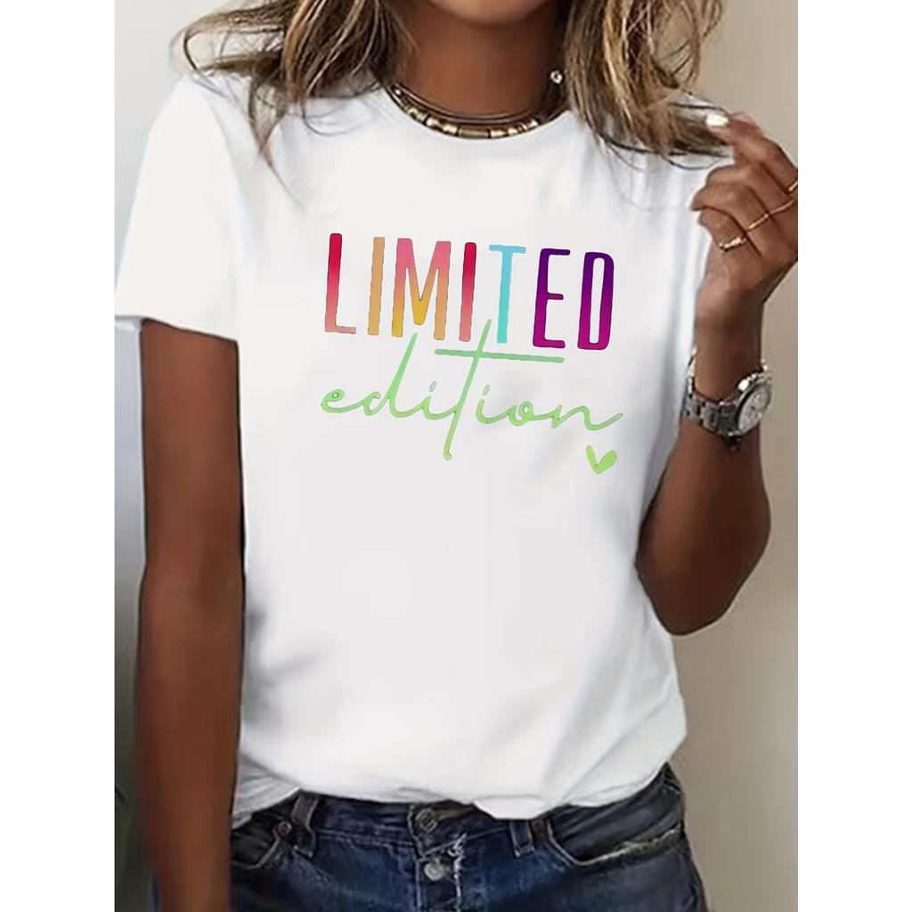 Limited Edition Printed Short Sleeve T-Shirt, Round Neck Comfort Fit, Essential for Casual Vacation, Slightly Loose,Women's Sporty Casual Tee