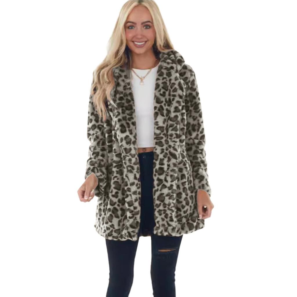 Women's Turn Down Collar Long Sleeve Loose Fit Leopard Print Faux Fur Jacket Mid Length Plush Winter Cardigan Coat