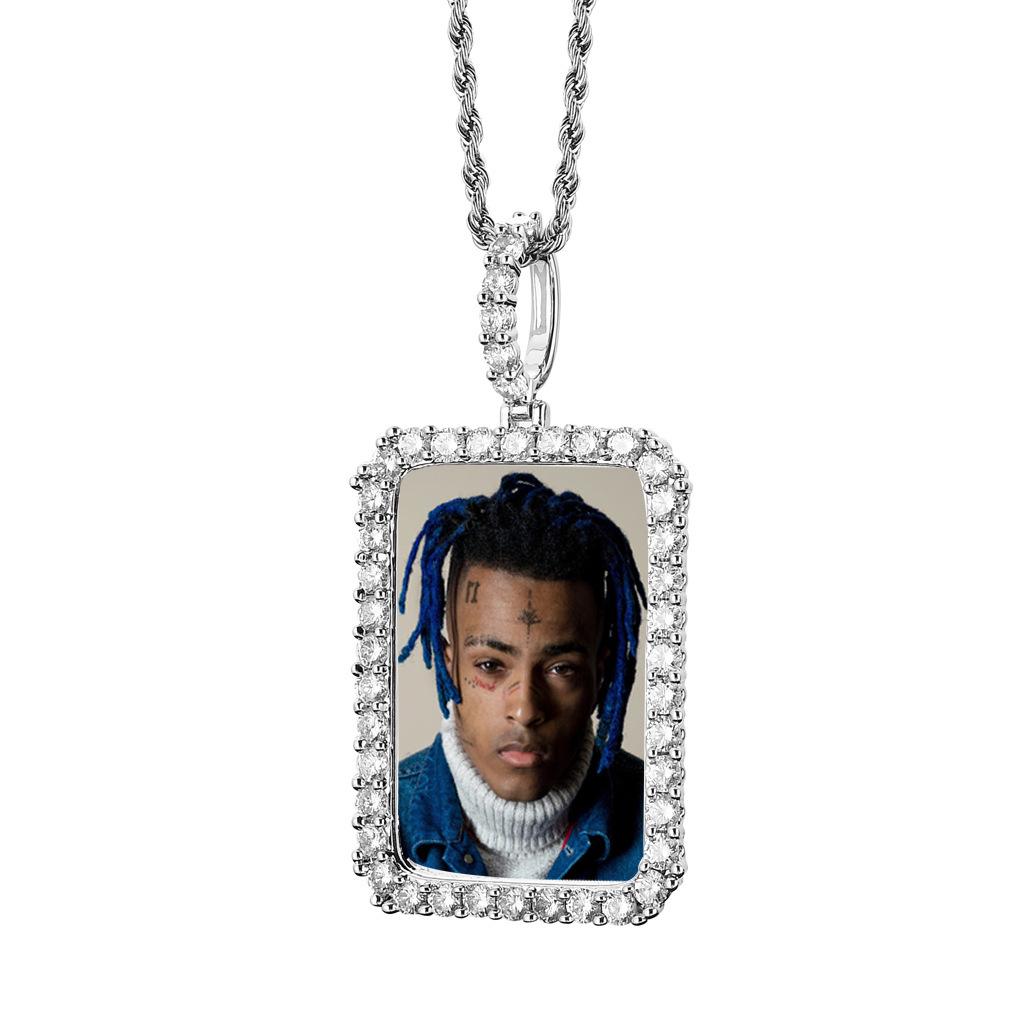 European & American Hip Hop Zircon-Embedded Square Photo Frame Necklace - Custom Image Trendy Street Style Pendant