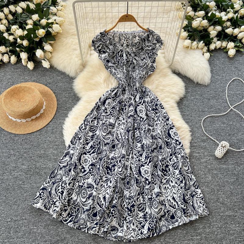 French dress summer fashion waist V-neck sleeveless slim print big pendulum retro dress