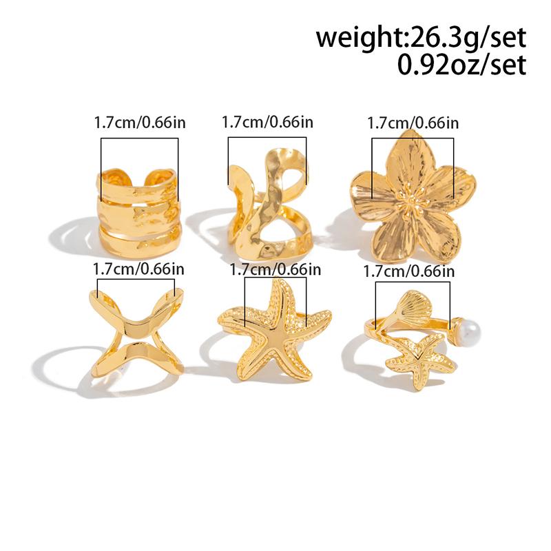 6Pcs/set Punk Starfish Flower Knuckle Rings Set for Women Men Vintage Metal Multilayer Pearl Luxury Rings Jewelry Gifts Trendy