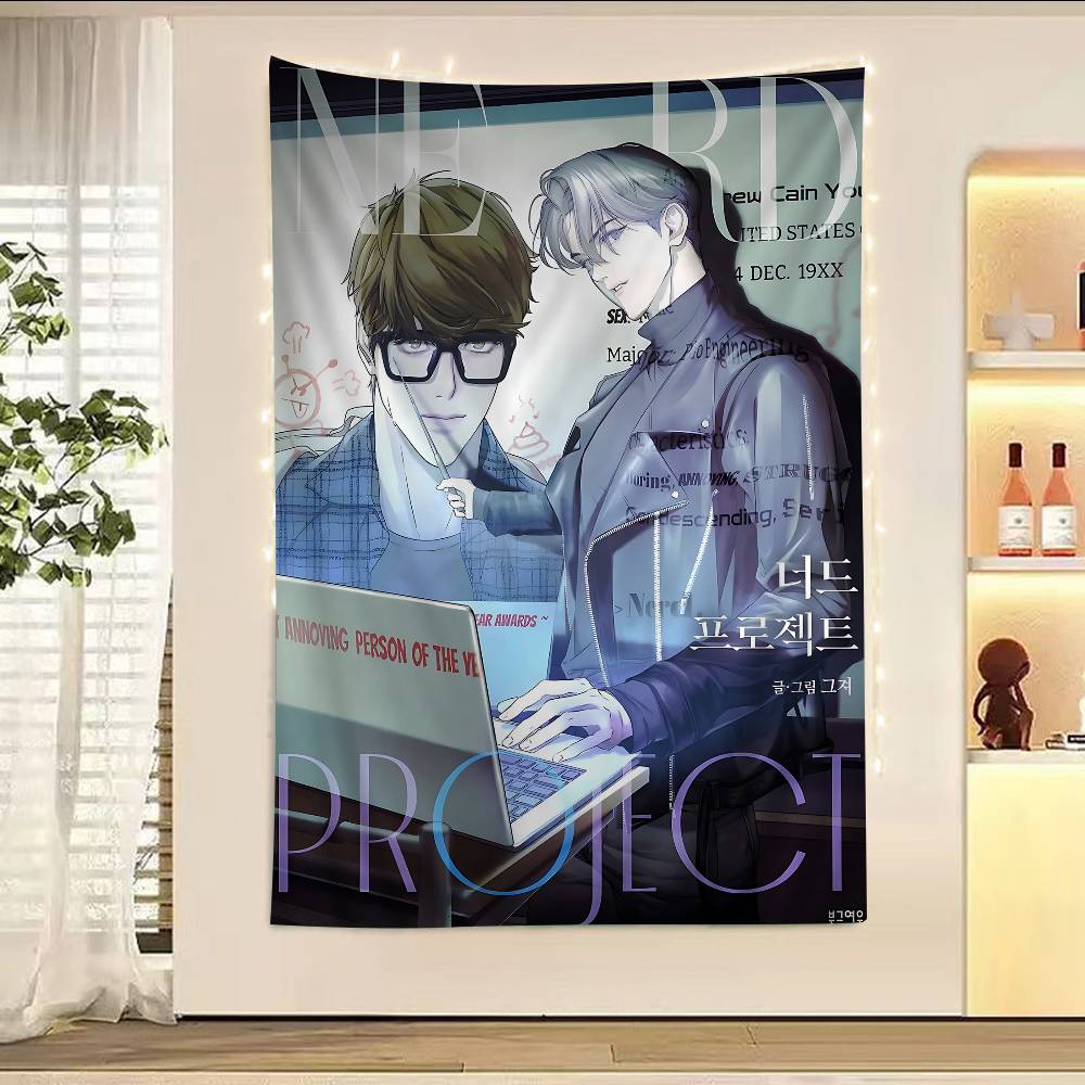 Nerd Project Manhwa Wall Tapestry Blond Glasses Character Magazine Cover Art Wall Hanging for BL Manhwa Fans Bedroom Decor