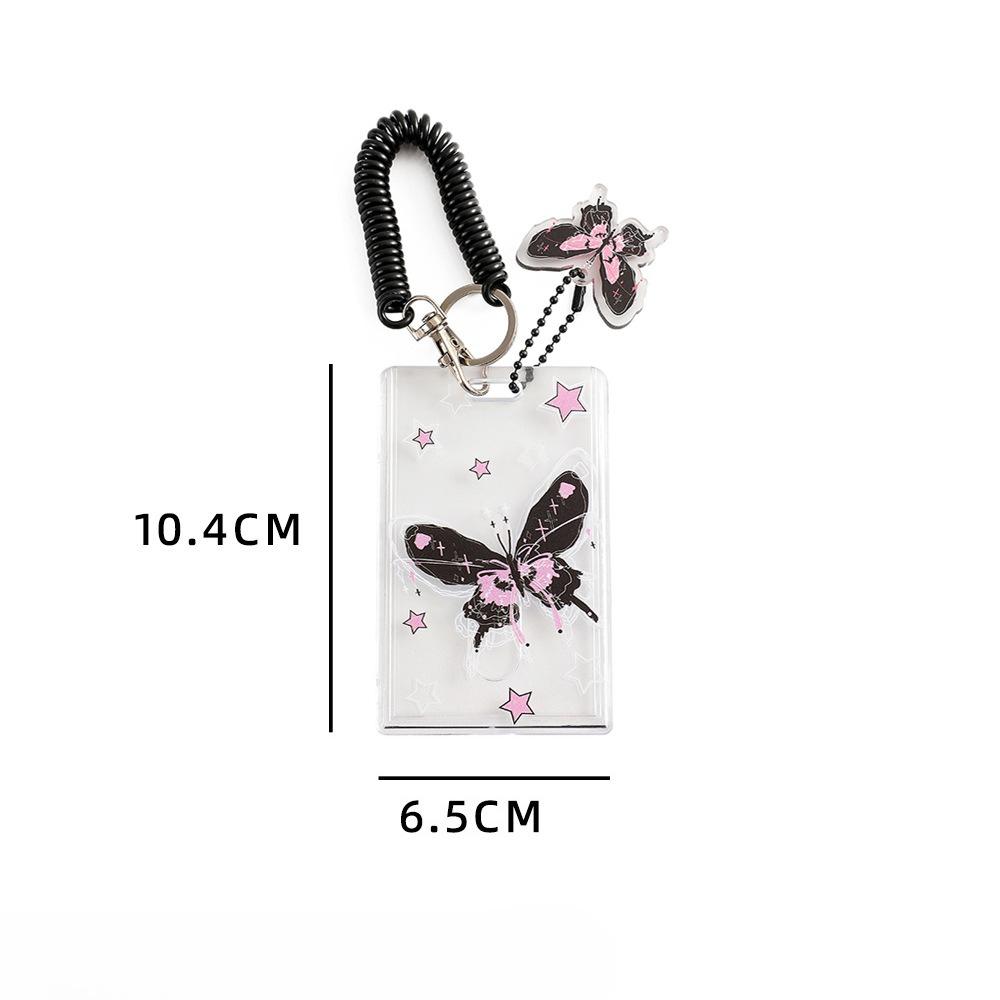 Korean Butterfly Transparent Card Holder Student Bus Cards Photo Sleeve Elastic Rope ID Credit Card Cover with Pendant