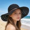 (Einheitsgröße, Schwarz) Damen Sommerstrohhut Eleganter Floppy-Hut mit breiter Krempe Strandkappe Leichter Spitzen-Sonnenhut