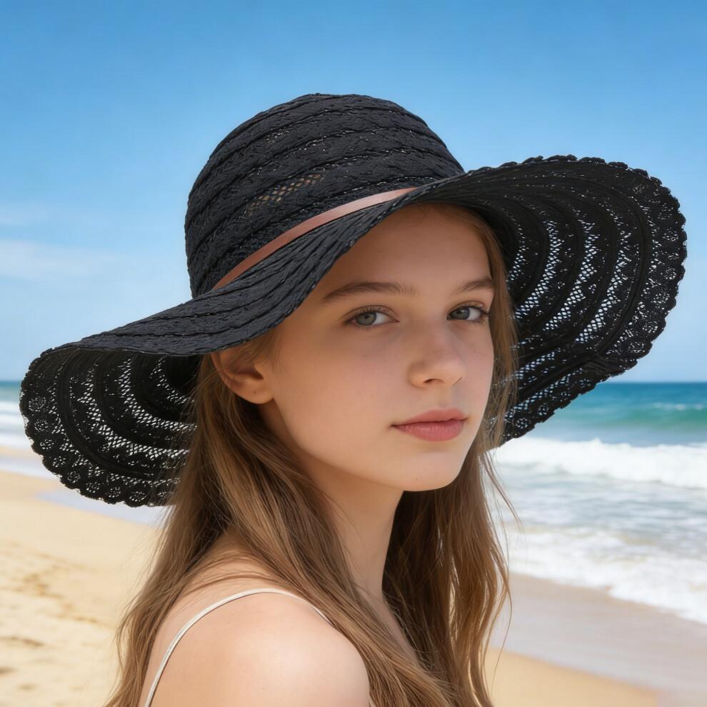 (Einheitsgröße, Schwarz) Damen Sommerstrohhut Eleganter Floppy-Hut mit breiter Krempe Strandkappe Leichter Spitzen-Sonnenhut