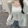 Summer Thin Sun Protection Coat Short Knit Cardigan Hollow Out V-neck Long Sleeve Shawl Top Air Conditioning Cover Up