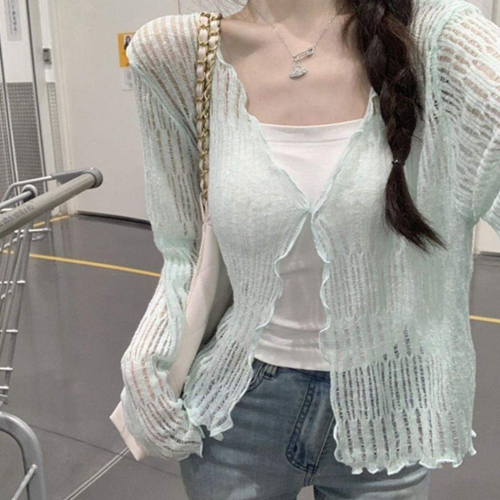 Summer Thin Sun Protection Coat Short Knit Cardigan Hollow Out V-neck Long Sleeve Shawl Top Air Conditioning Cover Up