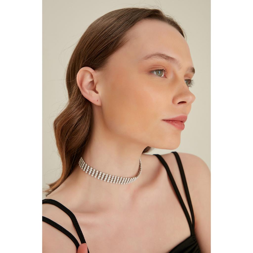 Damen 4-reihiges Modell Zirkon Stein Silber Diamant Halskette Abendkleid Halsband Verlobung Hochzeit Braut Halsband Halsband