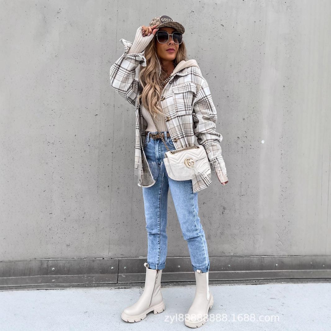 

Женская клетчатая рубашка оверсайз с капюшоном, повседневный свободный топ с длинным рукавом в клетку XXL светло-серый