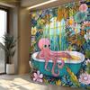 1pc Whimsical Octopus Shower Curtain - Pink Octopus Lounging in Teal Bathtub Amidst Vibrant Flowers & Greenery, Dreamlike Scen