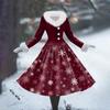 Women's Casual Dress Long-Sleeve V-Neck Patchwork Fleece Christmas Print Dress