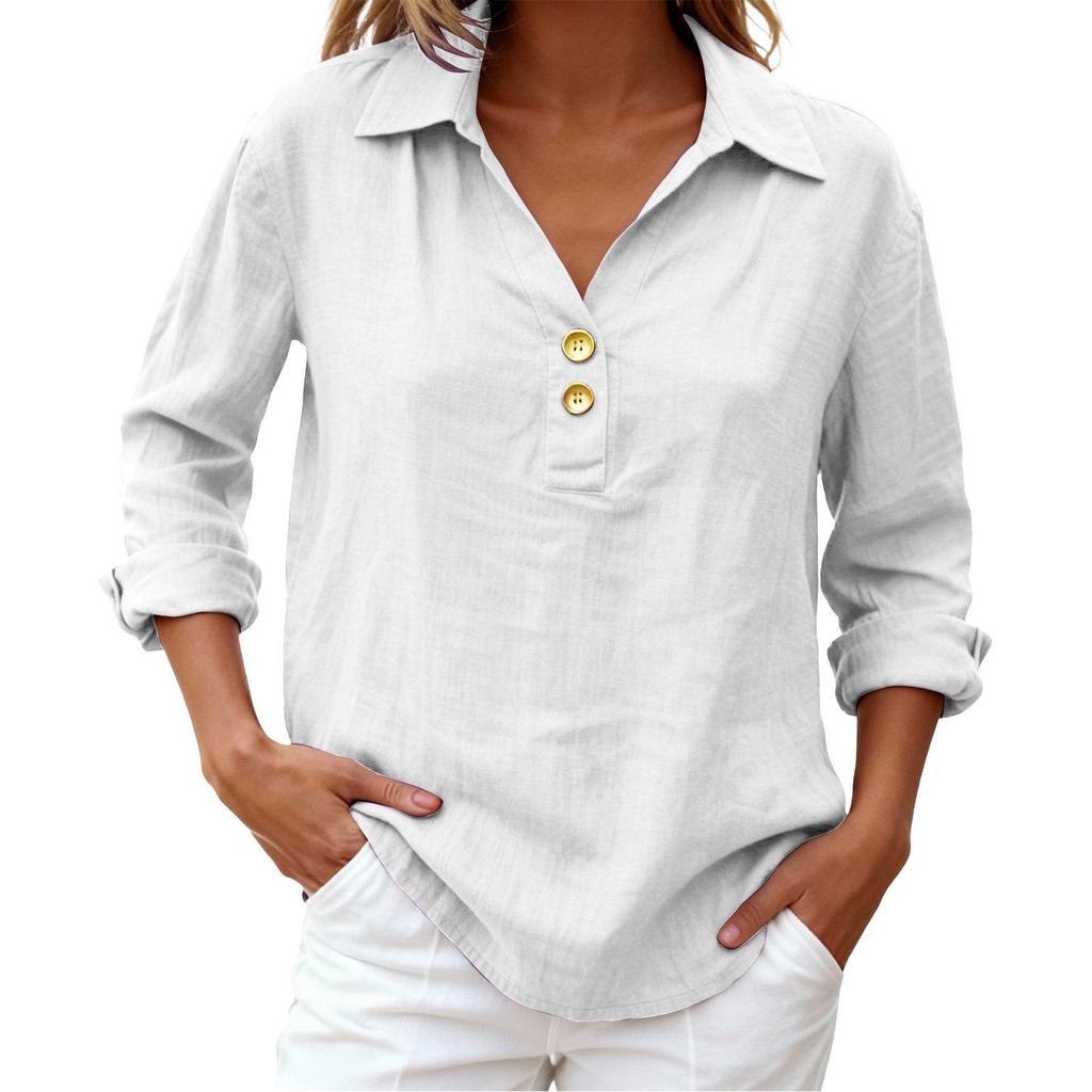 Women's Seven-Sleeve Cotton Linen Lapel Shirt - Solid Color, Casual, Breathable