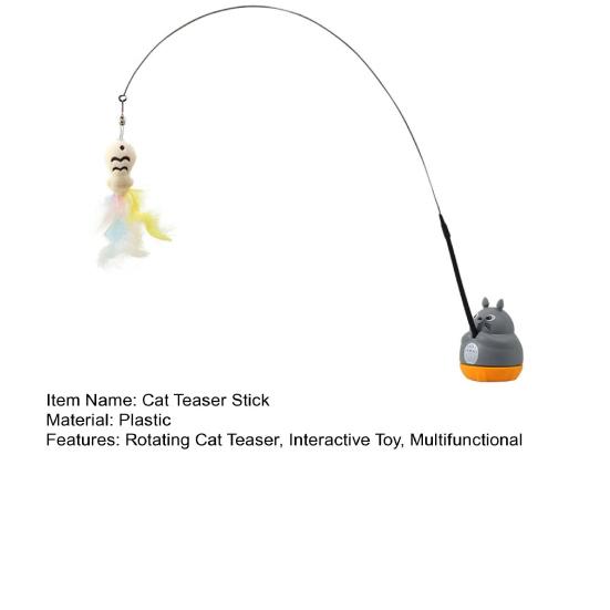 Rotating Cat Teaser Stick Interactive Cat Toy with Feathered Teaser Heads 360-Degree Rotating Base Detachable Wand Self-Play Toy for Small Medium