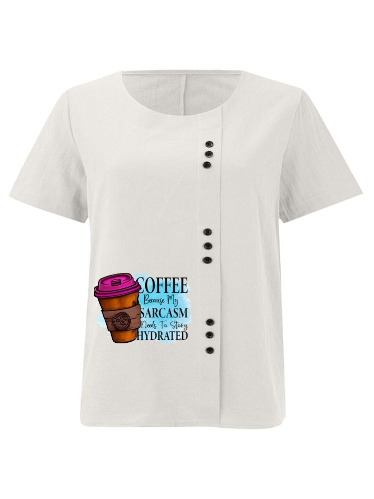 Women's Fashion Coffee Alphabet Print Casual Cotton Linen Short Sleeve Round Neck T-shirt Shirt Leisure Loose Summer Blouse Tops