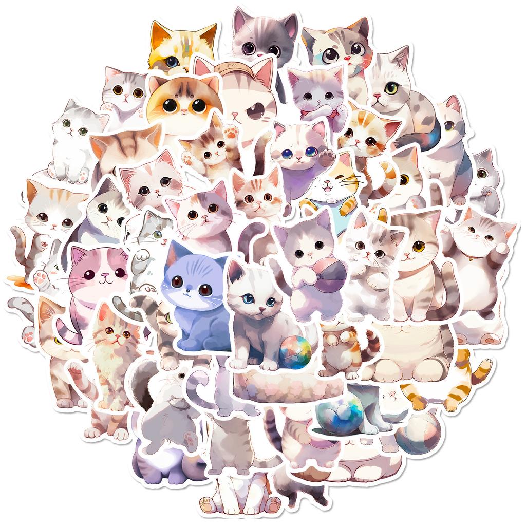 50 Watercolor Cat Stickers Cute Cartoon Animal Cat Head Watercolor Cat Stickers
