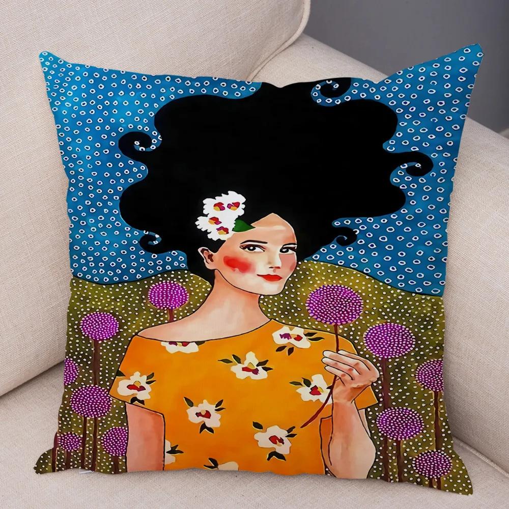 Fashion Abstract Girl Pillowcase Soft Plush Decor Cartoon Flower Lady Cushion Cover for Sofa Home Throw Pillow Case 45x45cm