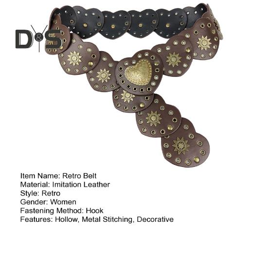 Retro Western Cowboy Belt Hollow Hole Metal Heart Stitching Waistband Solid Color Faux Leather Adjustable Belt Costume Accessories