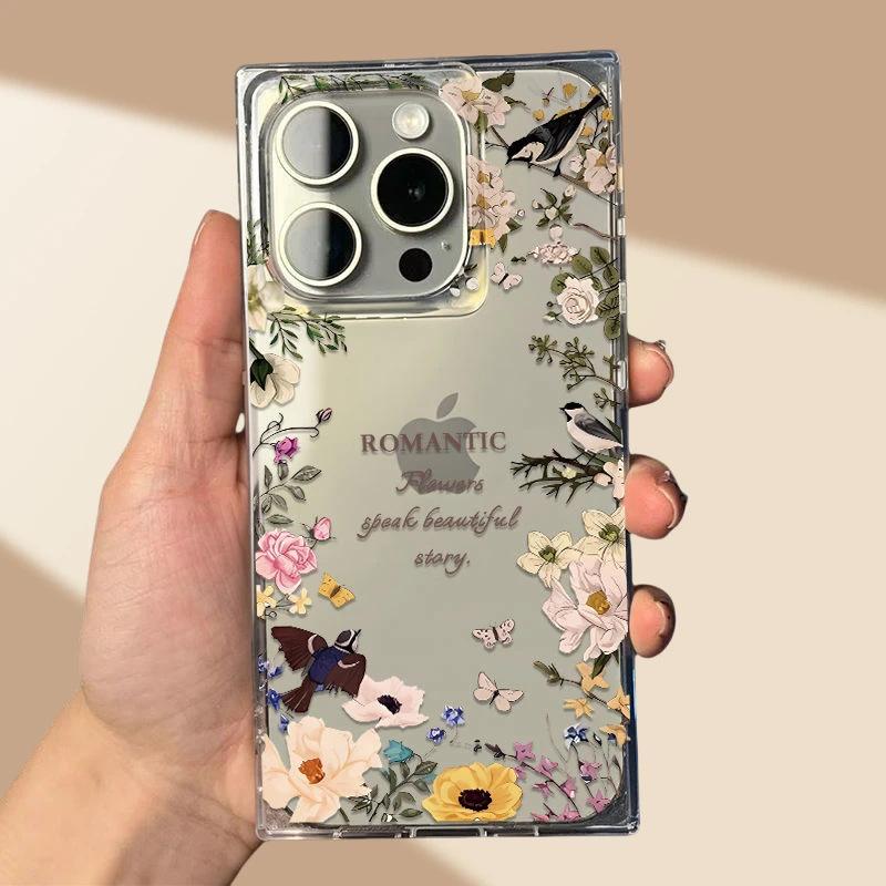 ins summer flower and bird suitable for iPhone17promax mobile phone case Apple 15/16 ice crystal square 13 soft case 14