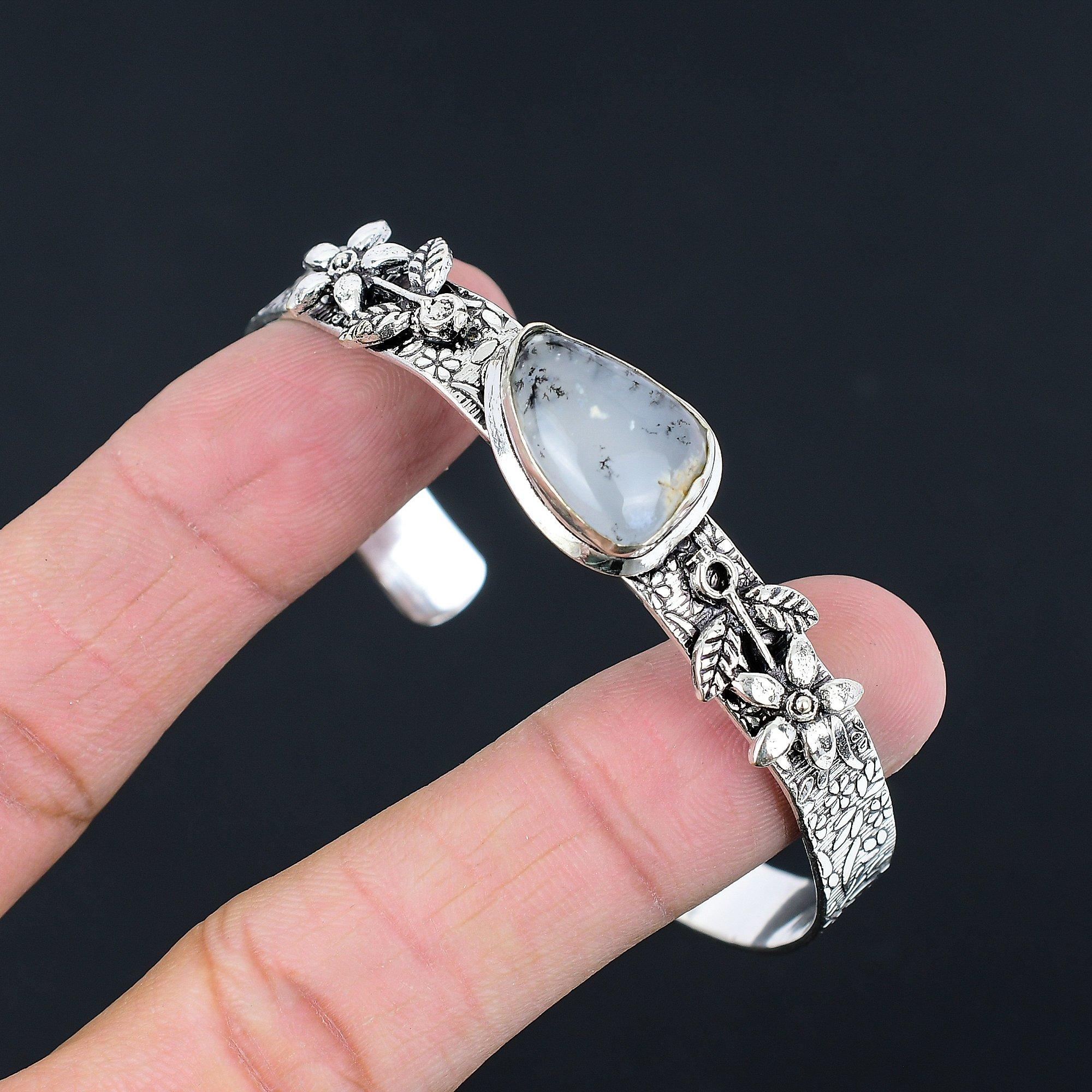 

Распродажа ко Дню сестер Натуральный дендритовый опал Цветок для жены Ар-деко Браслет Серебро 925 Adjustable